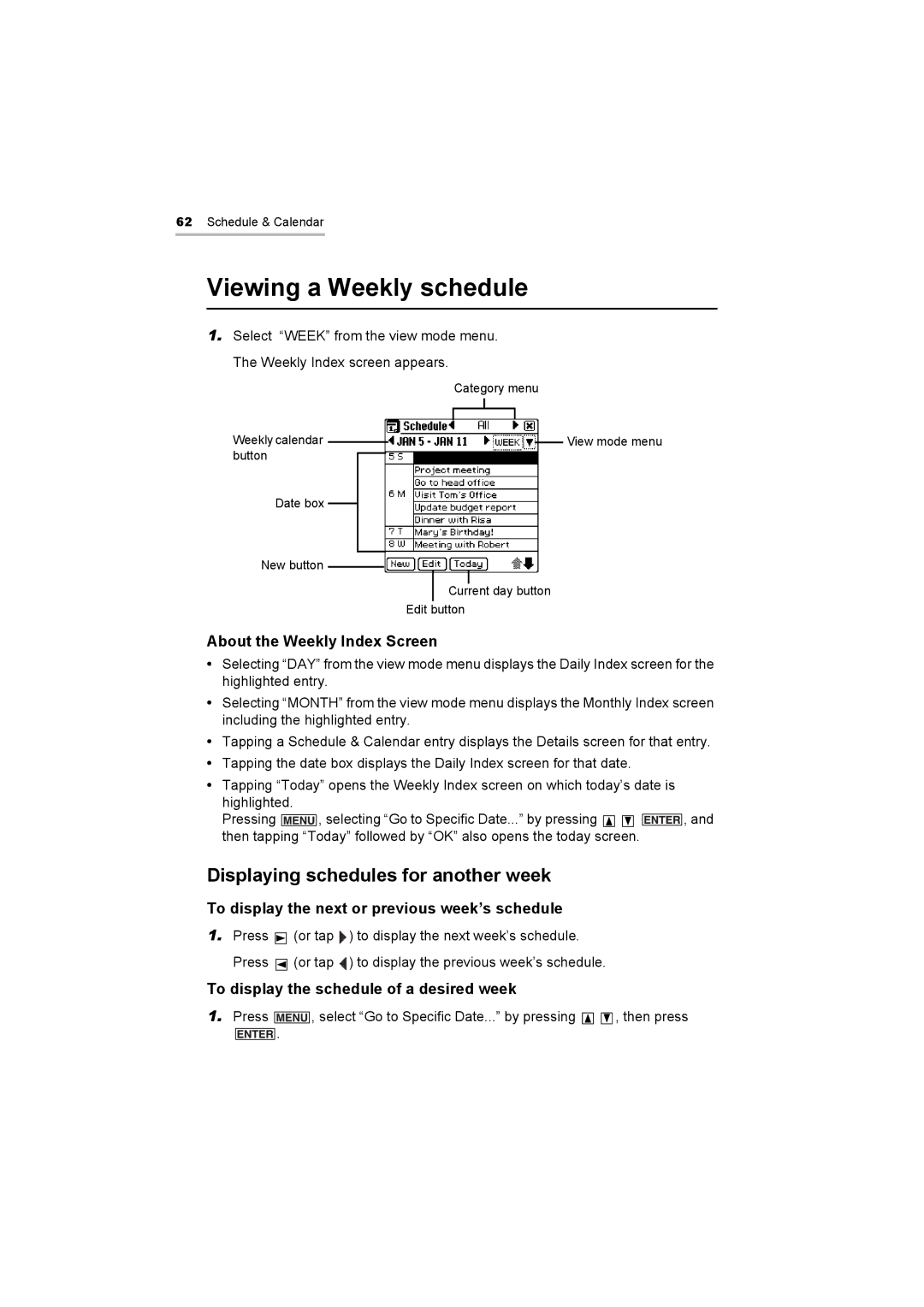 Sharp OZ-800 Viewing a Weekly schedule, Displaying schedules for another week, About the Weekly Index Screen 