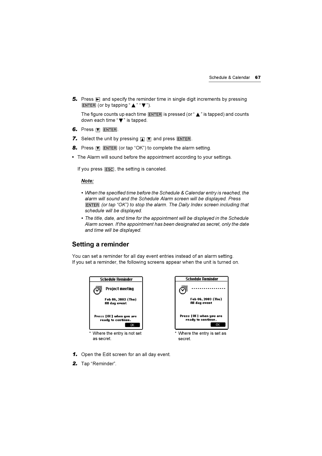 Sharp OZ-800 operation manual Setting a reminder 