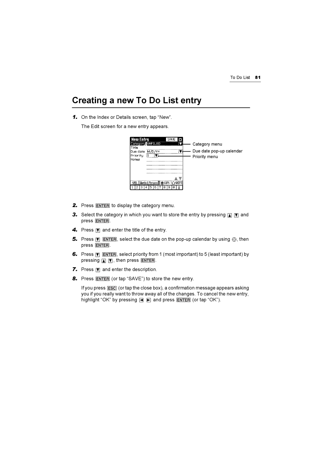 Sharp OZ-800 operation manual Creating a new To Do List entry 