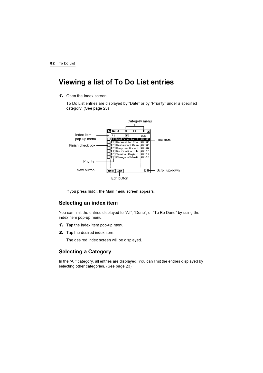 Sharp OZ-800 operation manual Viewing a list of To Do List entries, Selecting an index item 