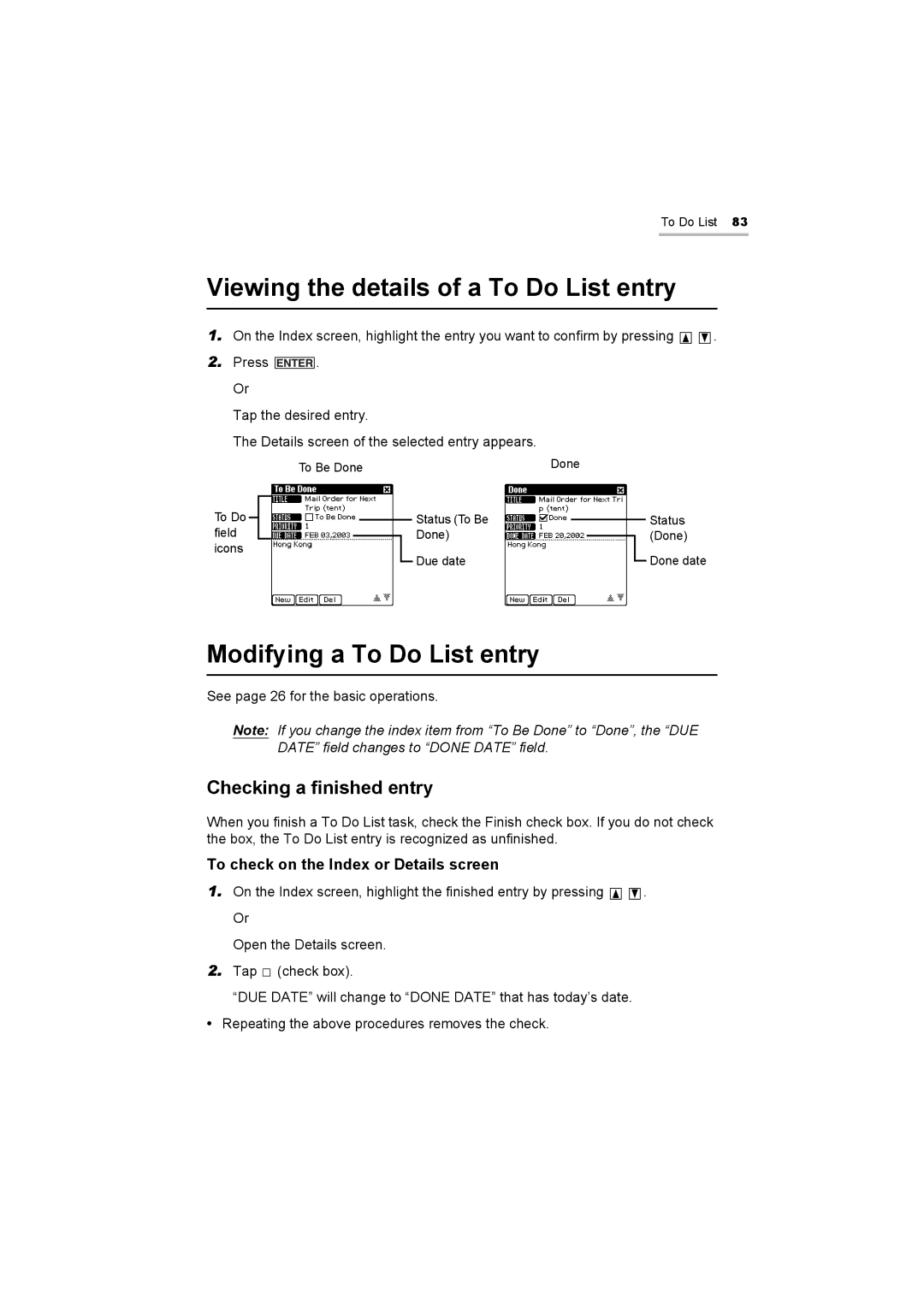 Sharp OZ-800 Viewing the details of a To Do List entry, Modifying a To Do List entry, Checking a finished entry 