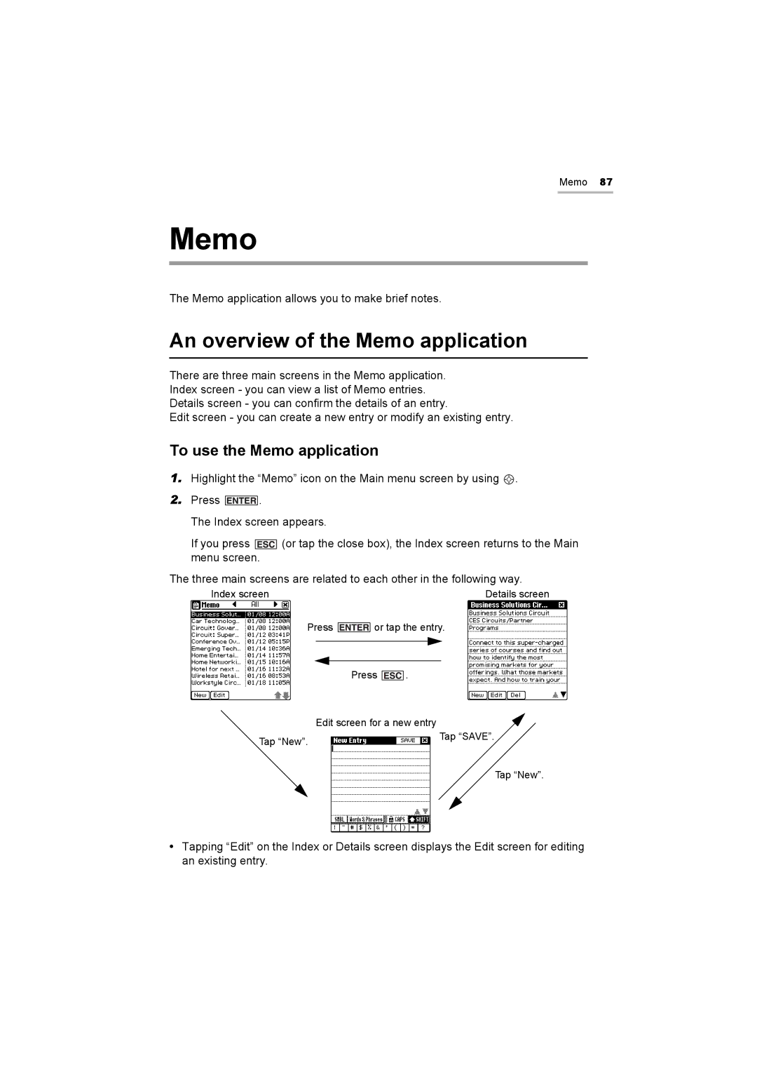 Sharp OZ-800 operation manual An overview of the Memo application, To use the Memo application 