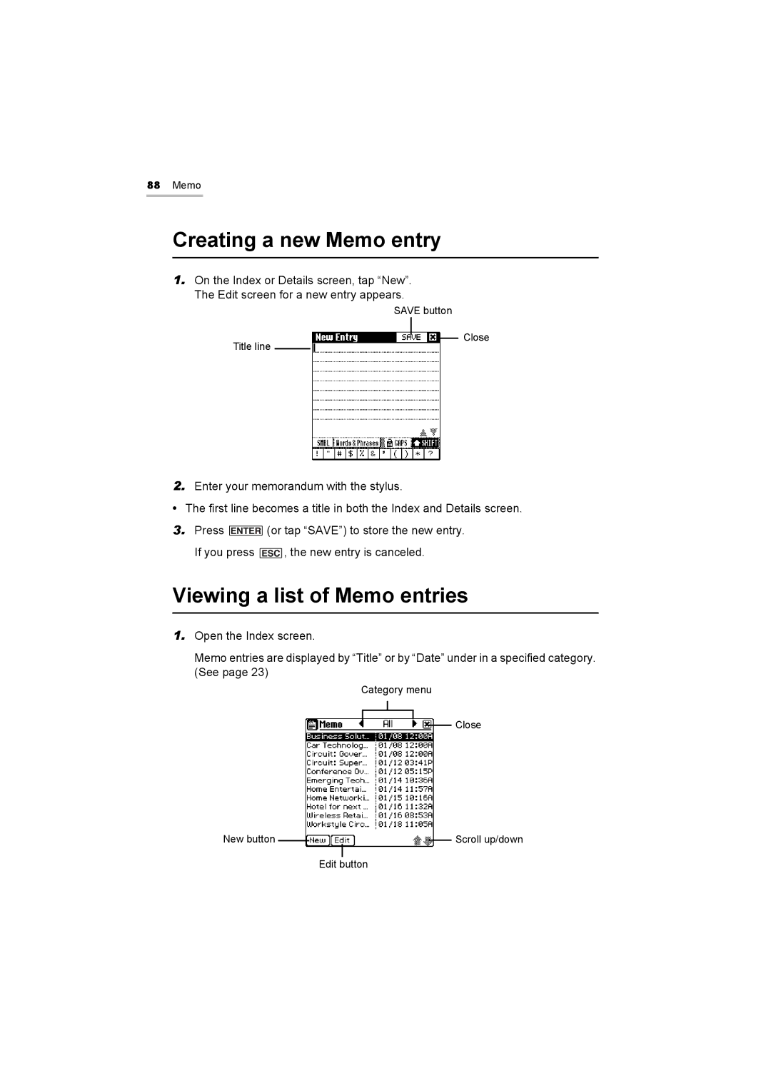 Sharp OZ-800 operation manual Creating a new Memo entry, Viewing a list of Memo entries 