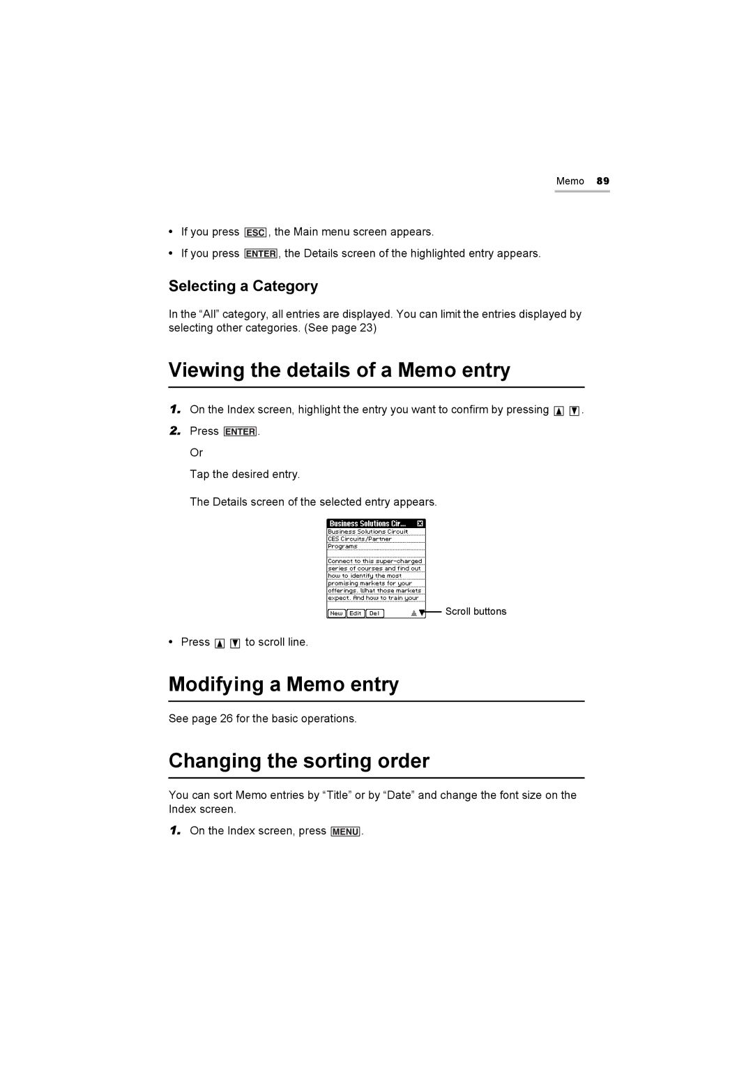 Sharp OZ-800 operation manual Viewing the details of a Memo entry, Modifying a Memo entry 