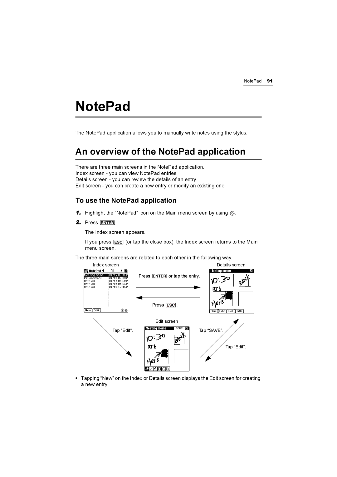 Sharp OZ-800 operation manual An overview of the NotePad application, To use the NotePad application 