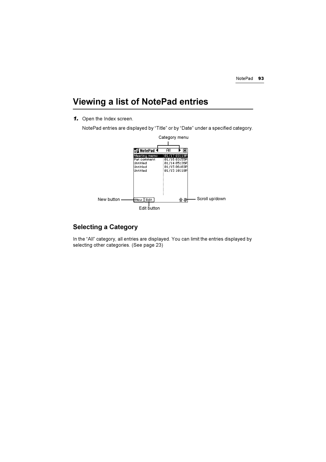 Sharp OZ-800 operation manual Viewing a list of NotePad entries, Selecting a Category 