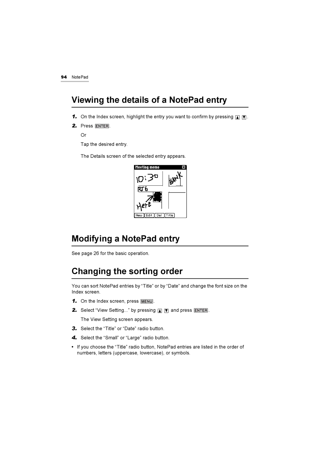 Sharp OZ-800 operation manual Viewing the details of a NotePad entry, Modifying a NotePad entry 