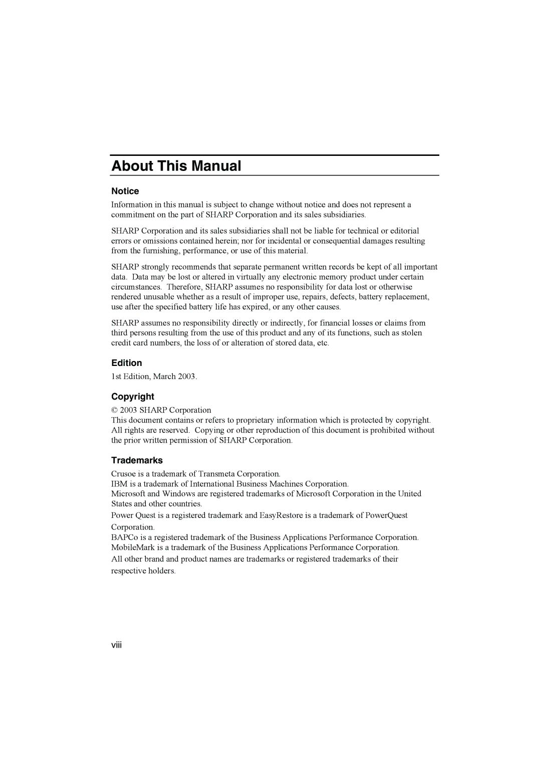 Sharp PC-MM1 manual About This Manual, Edition, Copyright, Trademarks, Viii 