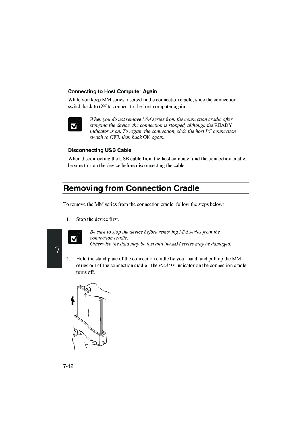 Sharp PC-MM1 manual Removing from Connection Cradle, Connecting to Host Computer Again, Disconnecting USB Cable 