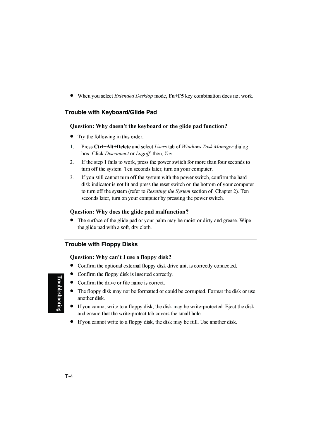 Sharp PC-MM1 manual Trouble with Keyboard/Glide Pad, Trouble with Floppy Disks 