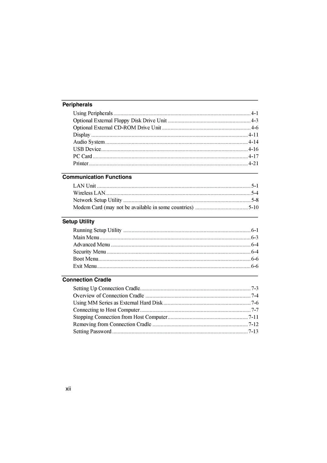 Sharp PC-MM1 manual Peripherals, Communication Functions, Setup Utility, Connection Cradle 