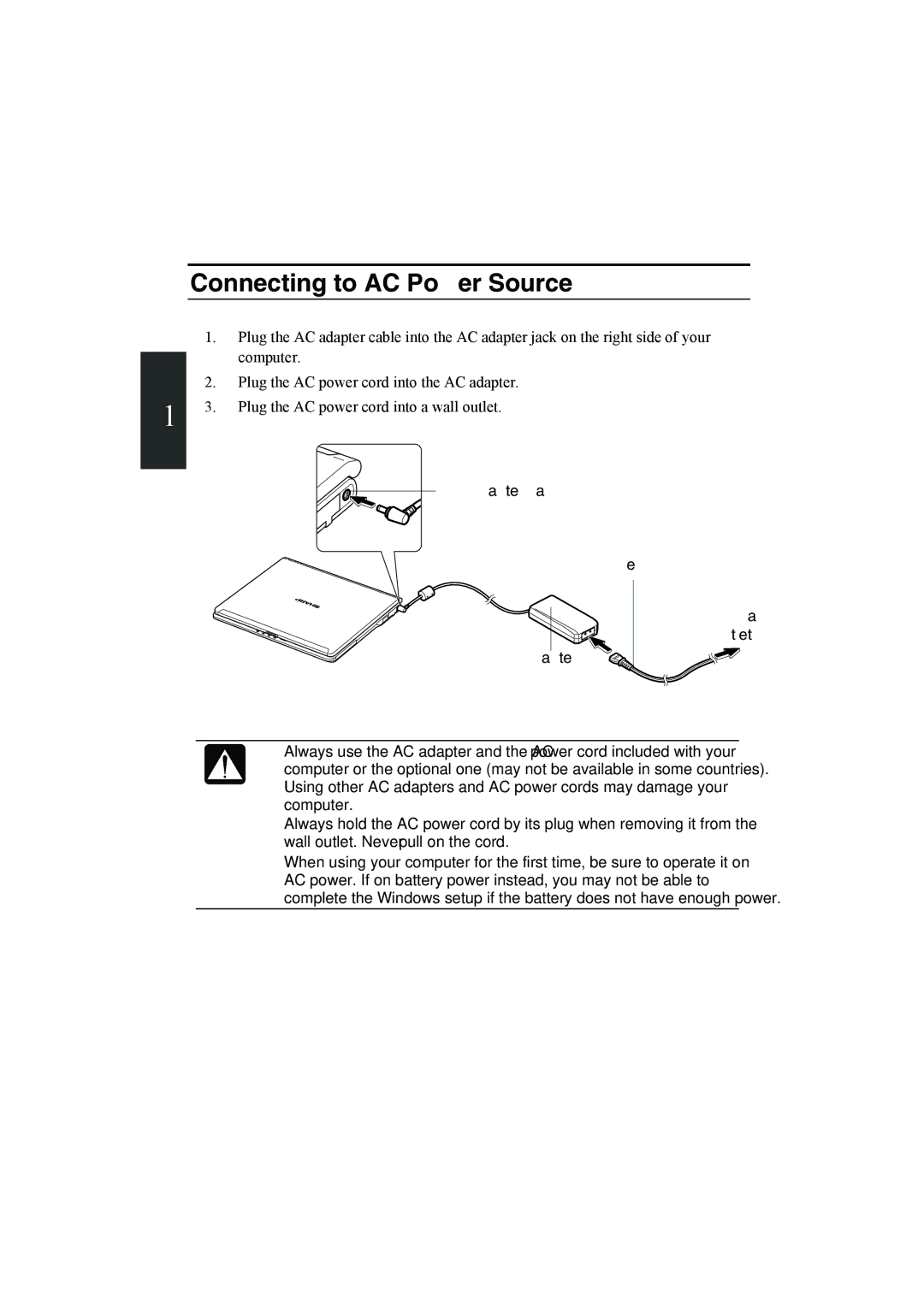 Sharp PC-MM1 manual Connecting to AC Power Source, AC Adapter Jack AC Power Cord To Wall Outlet 