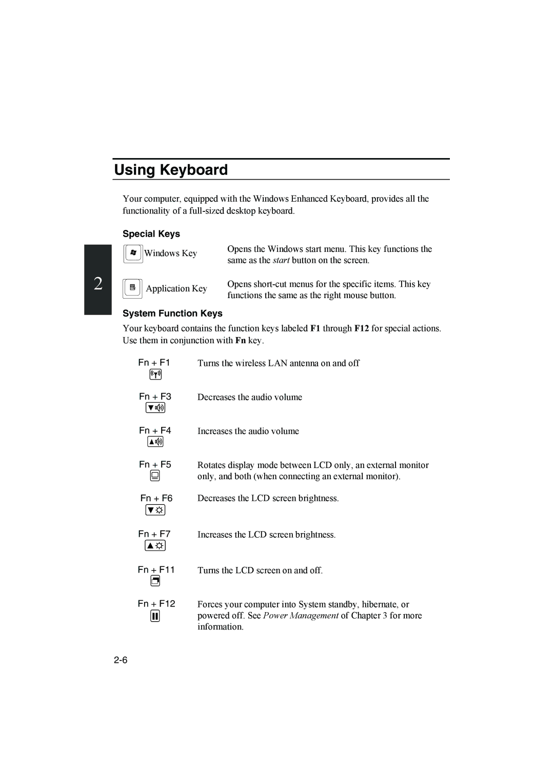 Sharp PC-MM1 Using Keyboard, Special Keys, System Function Keys, Fn + F3 Fn + F4 Fn + F5 Fn + F6 Fn + F7 Fn + F11 Fn + F12 