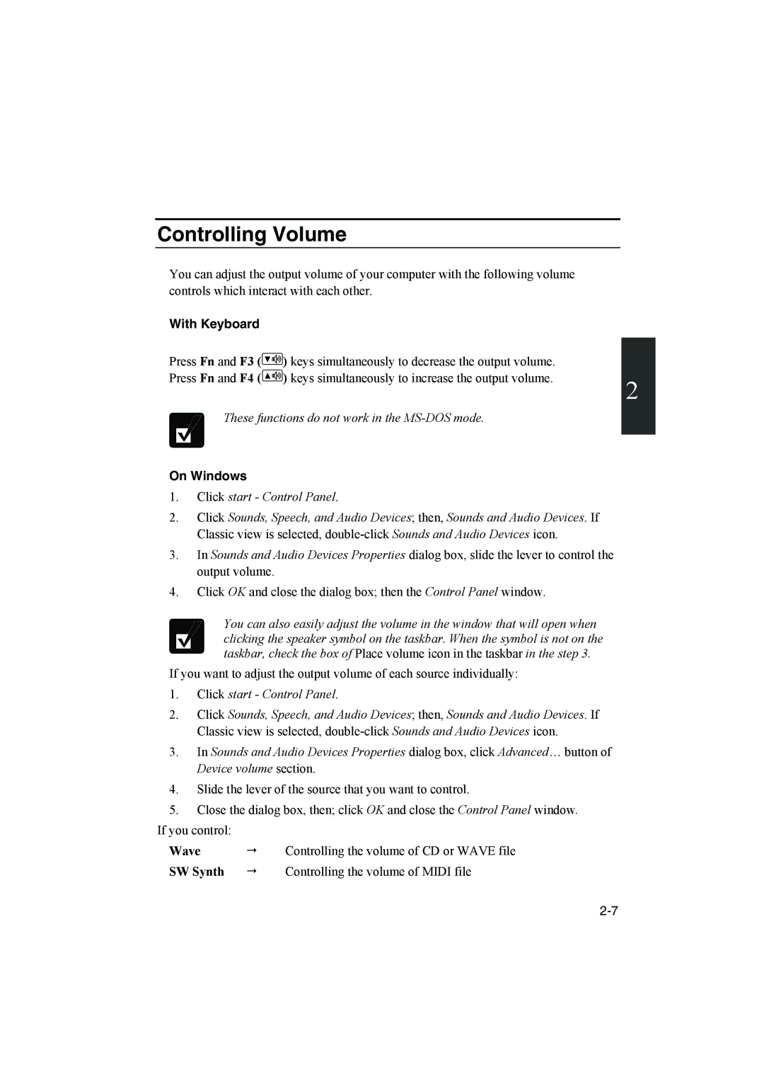 Sharp PC-MM1 manual Controlling Volume, With Keyboard, On Windows 