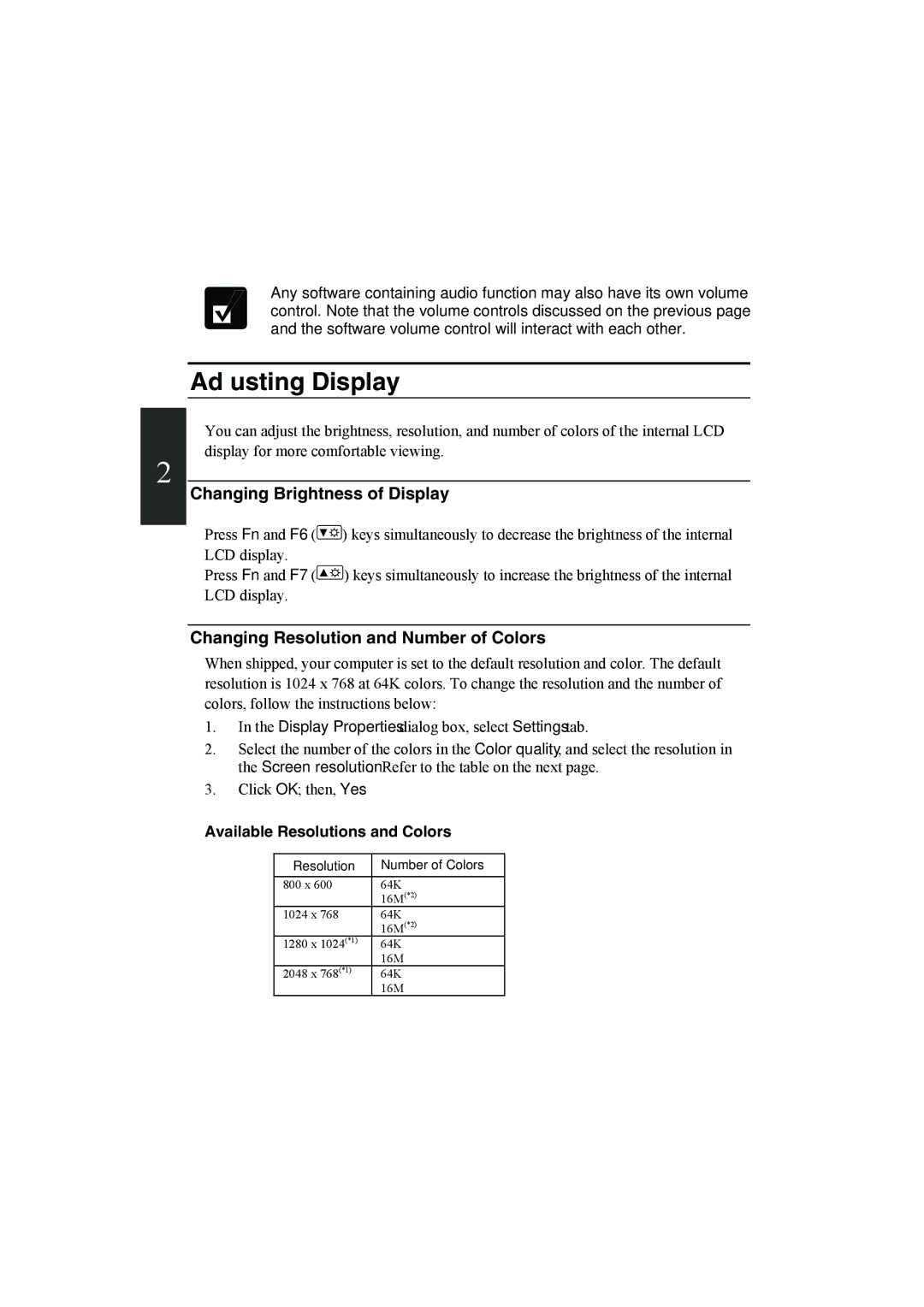 Sharp PC-MM1 manual Adjusting Display, Changing Brightness of Display, Changing Resolution and Number of Colors 