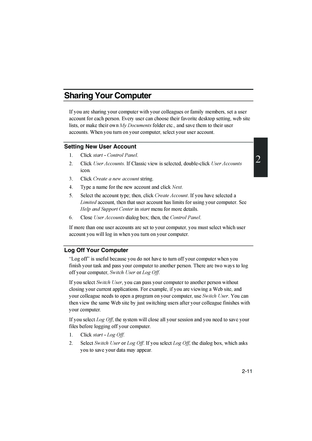 Sharp PC-MM1 manual Sharing Your Computer, Setting New User Account, Log Off Your Computer 