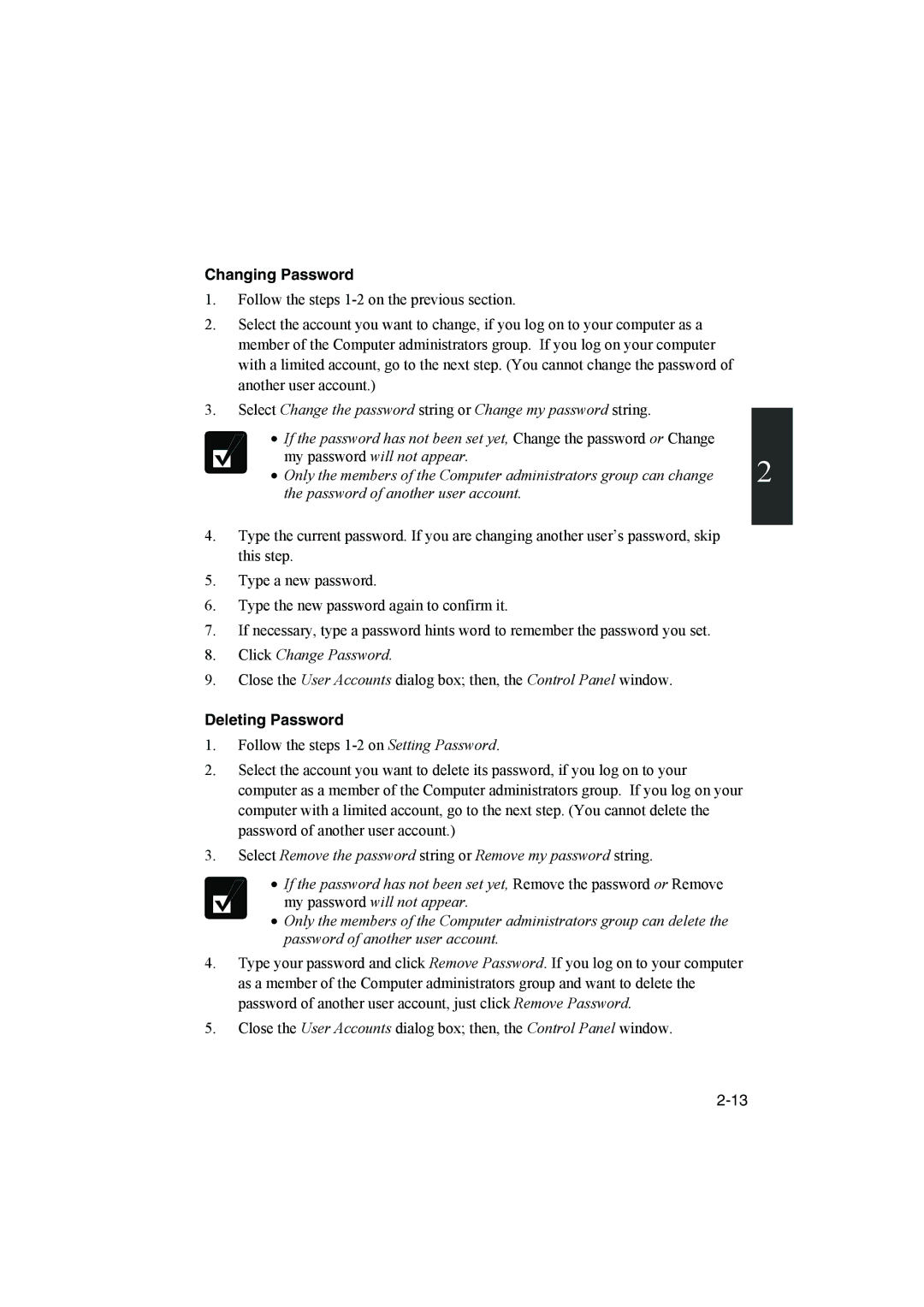 Sharp PC-MM1 manual Changing Password, Deleting Password 