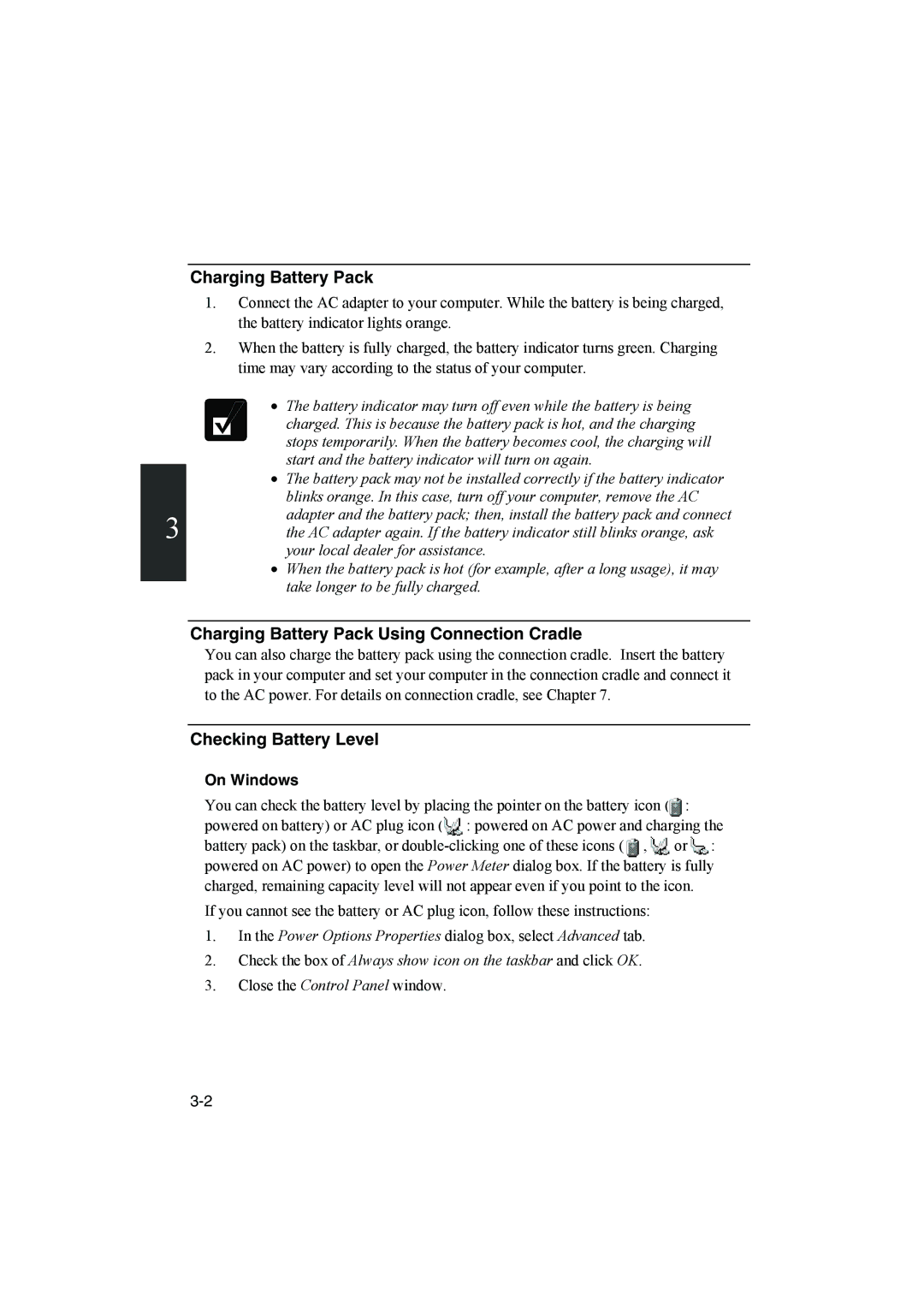 Sharp PC-MM1 manual Charging Battery Pack Using Connection Cradle, Checking Battery Level 