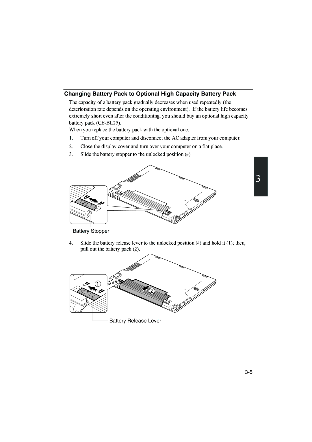 Sharp PC-MM1 manual Changing Battery Pack to Optional High Capacity Battery Pack, Battery Release Lever 