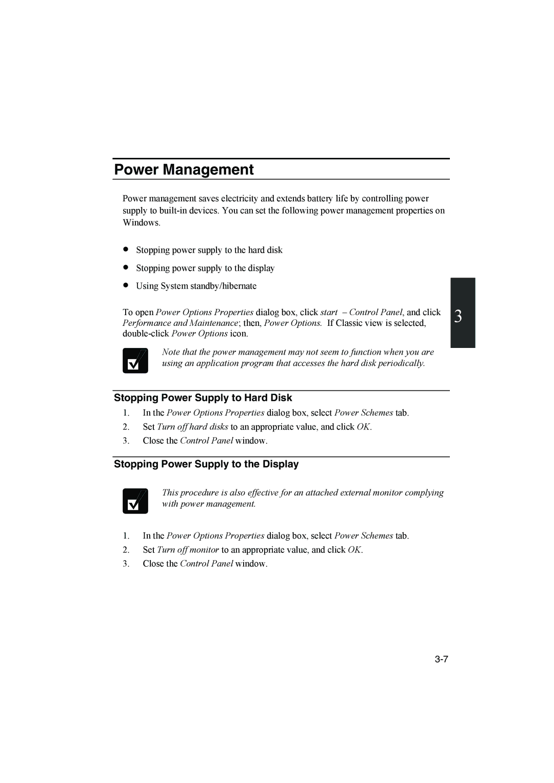 Sharp PC-MM1 manual Power Management, Stopping Power Supply to Hard Disk, Stopping Power Supply to the Display 