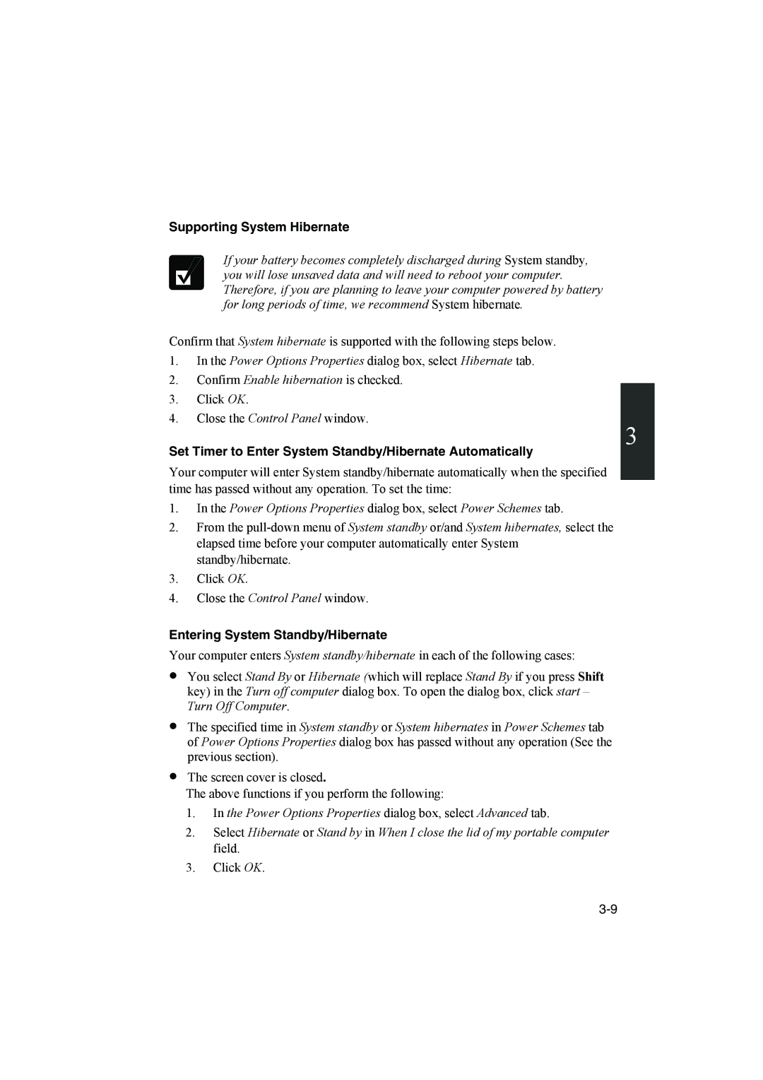 Sharp PC-MM1 manual Supporting System Hibernate, Set Timer to Enter System Standby/Hibernate Automatically 