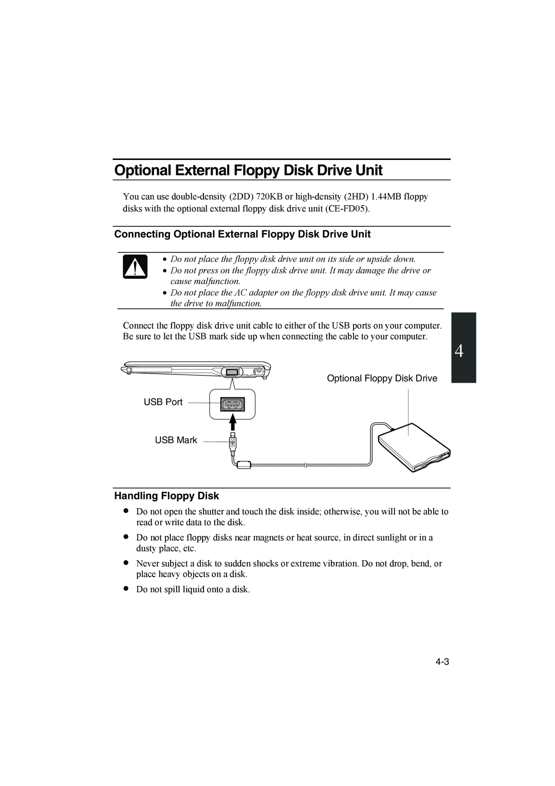 Sharp PC-MM1 manual Connecting Optional External Floppy Disk Drive Unit, Handling Floppy Disk 