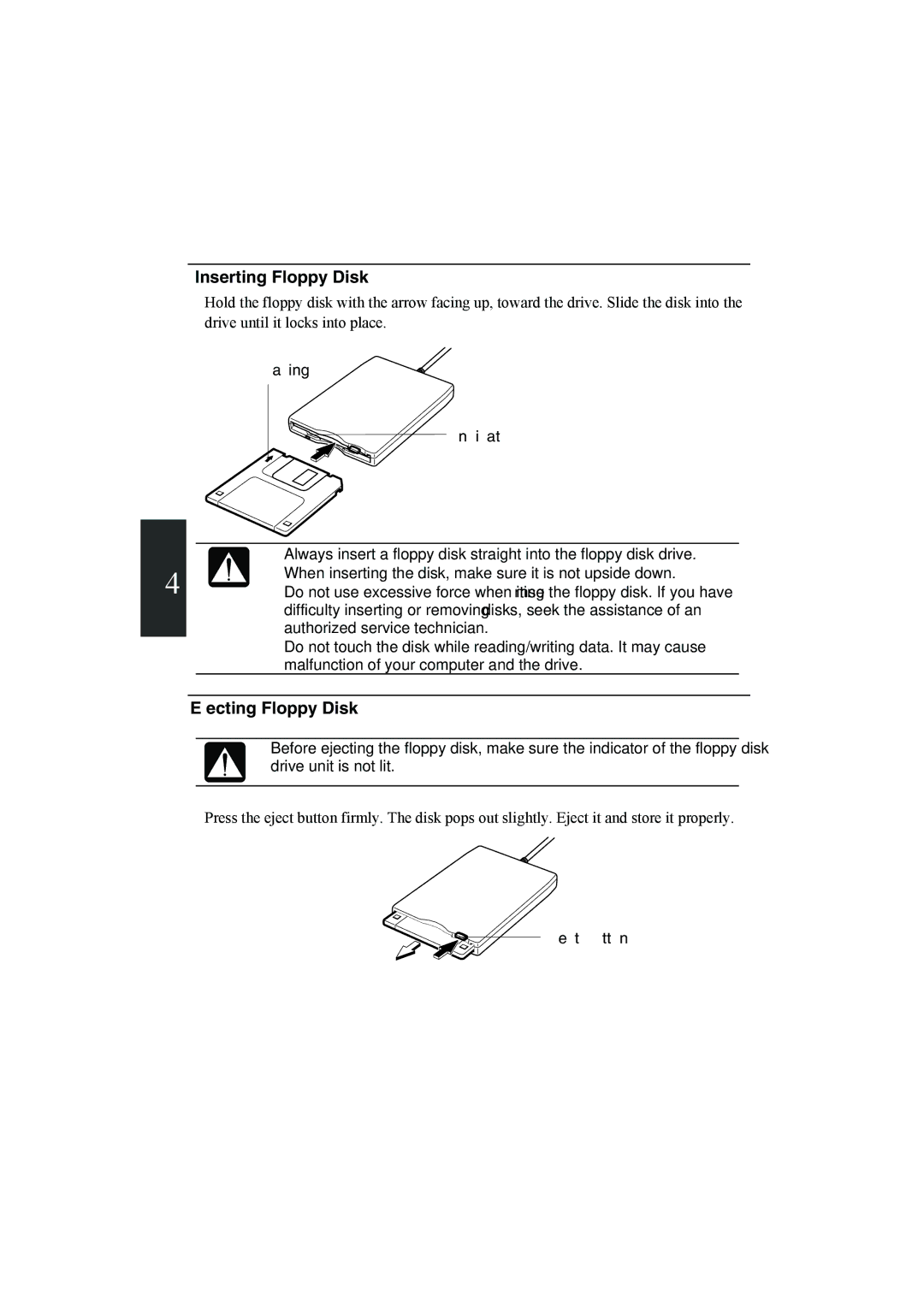 Sharp PC-MM1 manual Inserting Floppy Disk, Ejecting Floppy Disk, Arrow Facing Up Indicator, Eject Button 