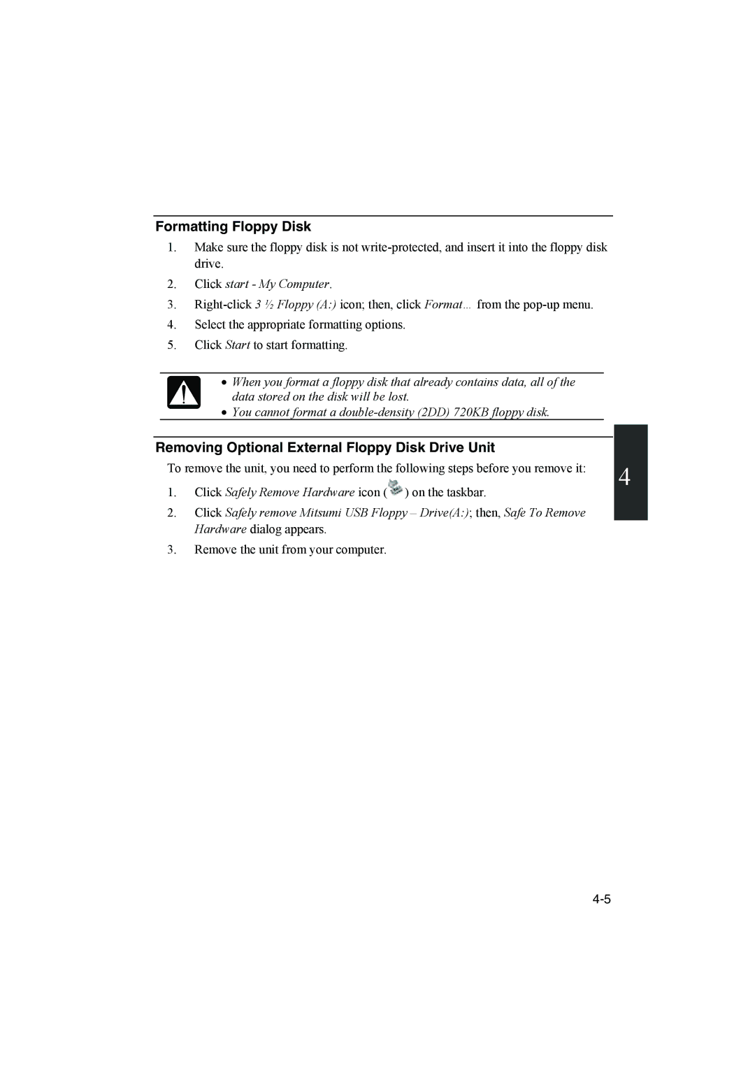 Sharp PC-MM1 manual Formatting Floppy Disk, Removing Optional External Floppy Disk Drive Unit 