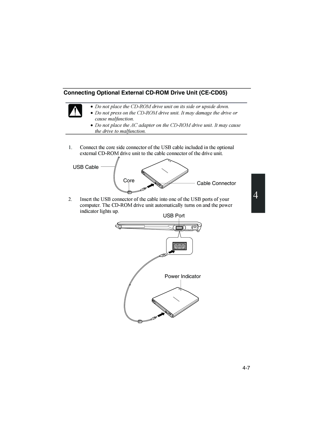 Sharp PC-MM1 manual Connecting Optional External CD-ROM Drive Unit CE-CD05, USB Cable Core Cable Connector 