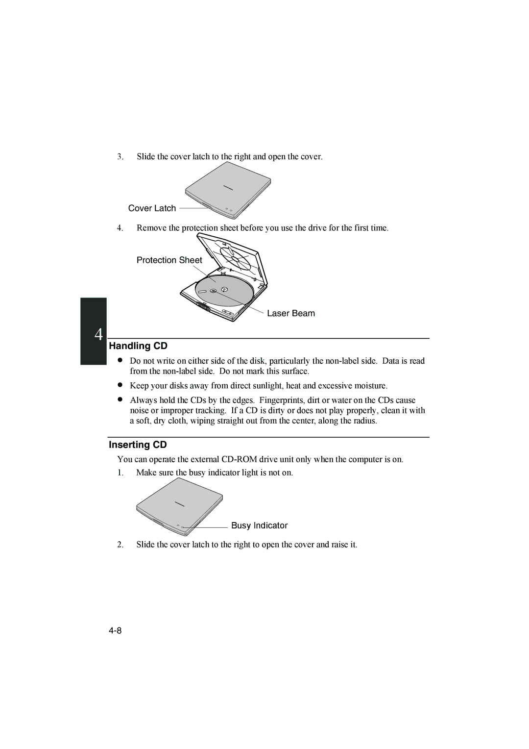 Sharp PC-MM1 manual Handling CD, Inserting CD, Cover Latch, Protection Sheet Laser Beam, Busy Indicator 