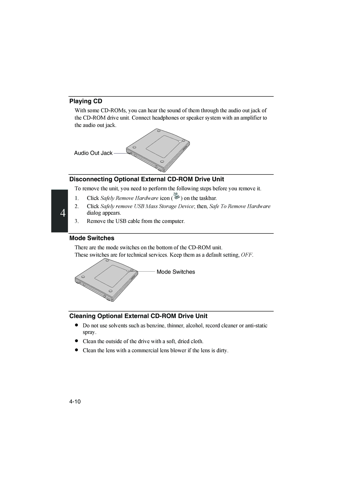 Sharp PC-MM1 manual Playing CD, Disconnecting Optional External CD-ROM Drive Unit, Mode Switches 