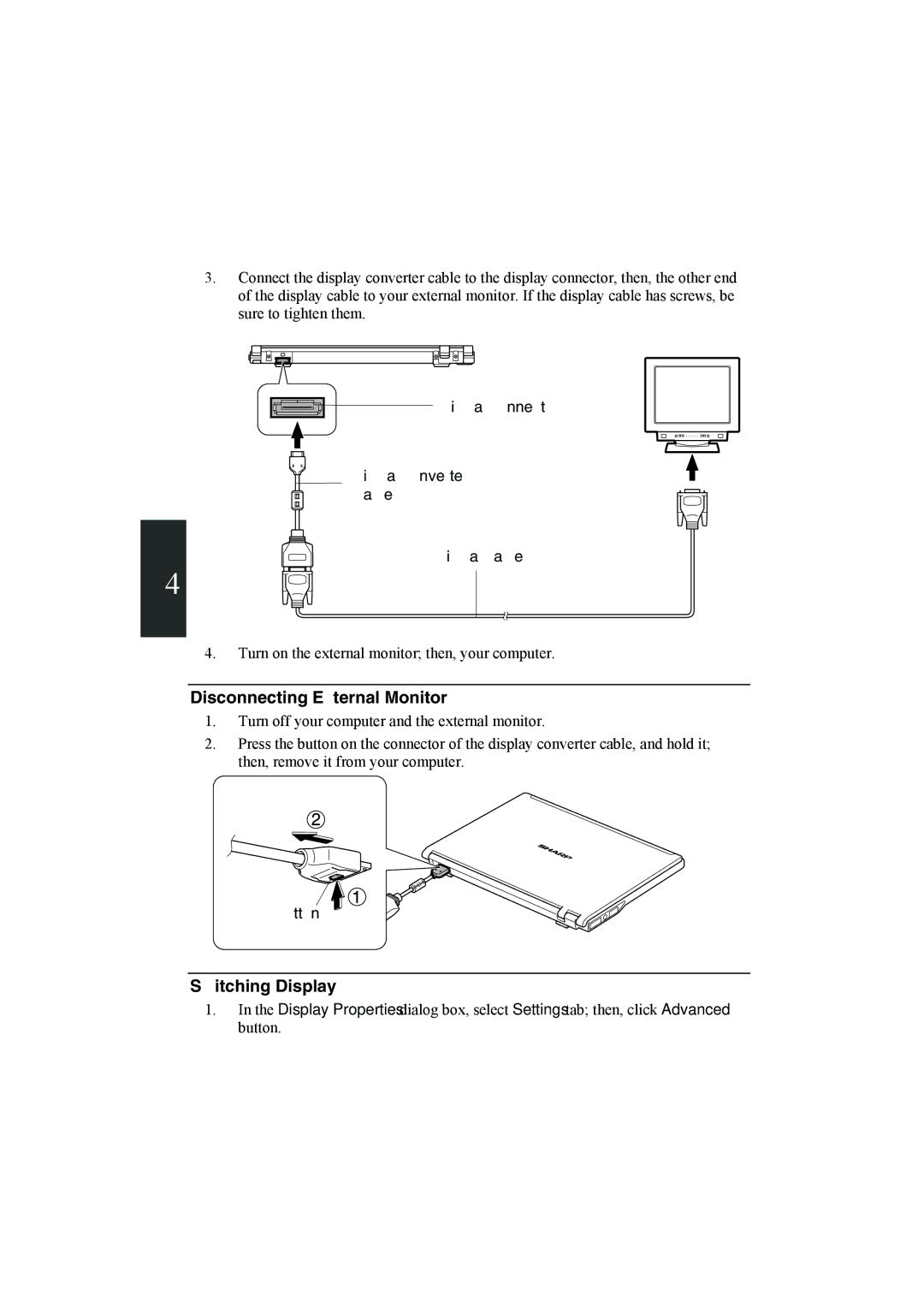 Sharp PC-MM1 Disconnecting External Monitor, Switching Display, Display Connector Display Converter Cable Display Cable 