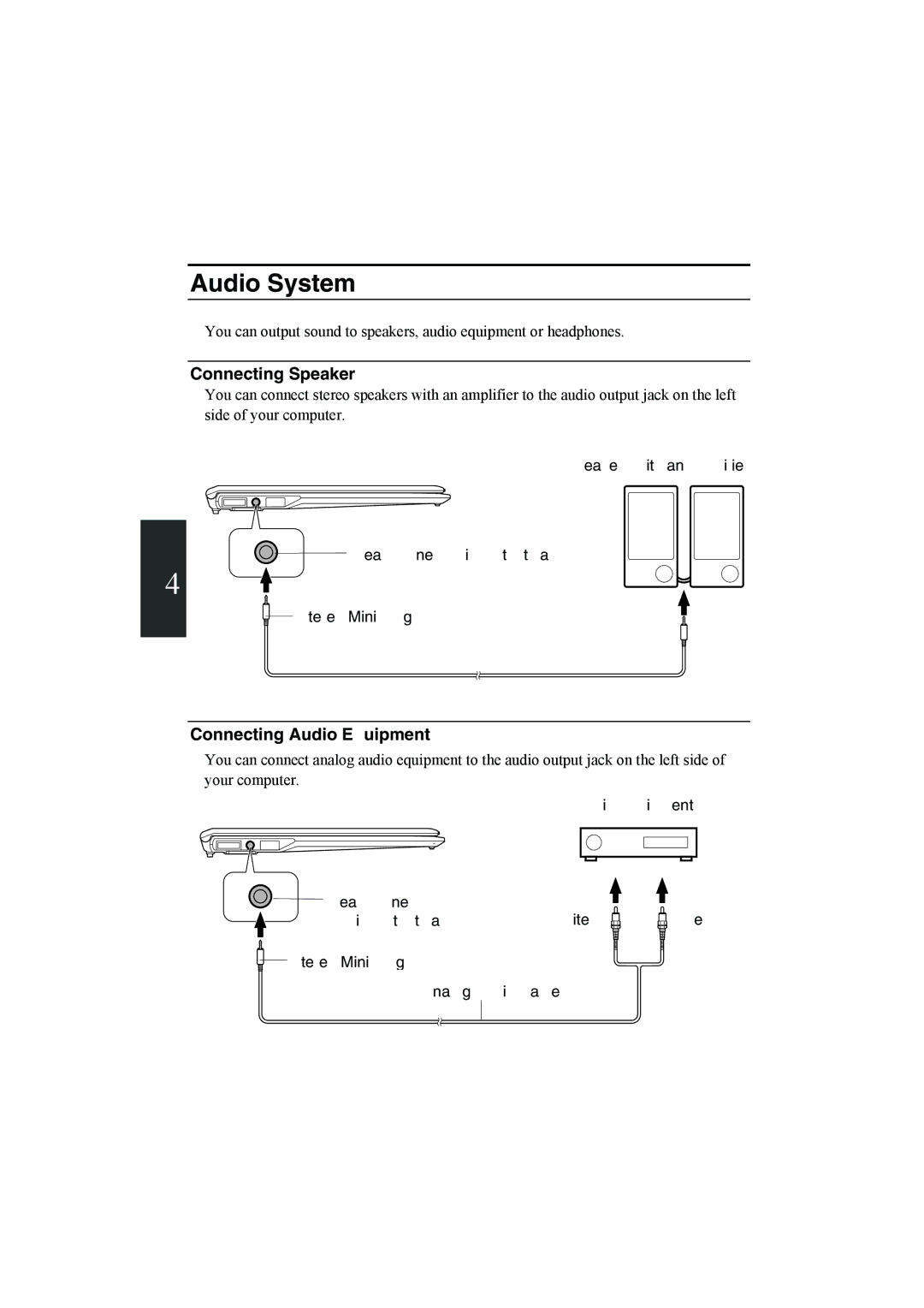 Sharp PC-MM1 manual Audio System, Connecting Speaker, Connecting Audio Equipment 