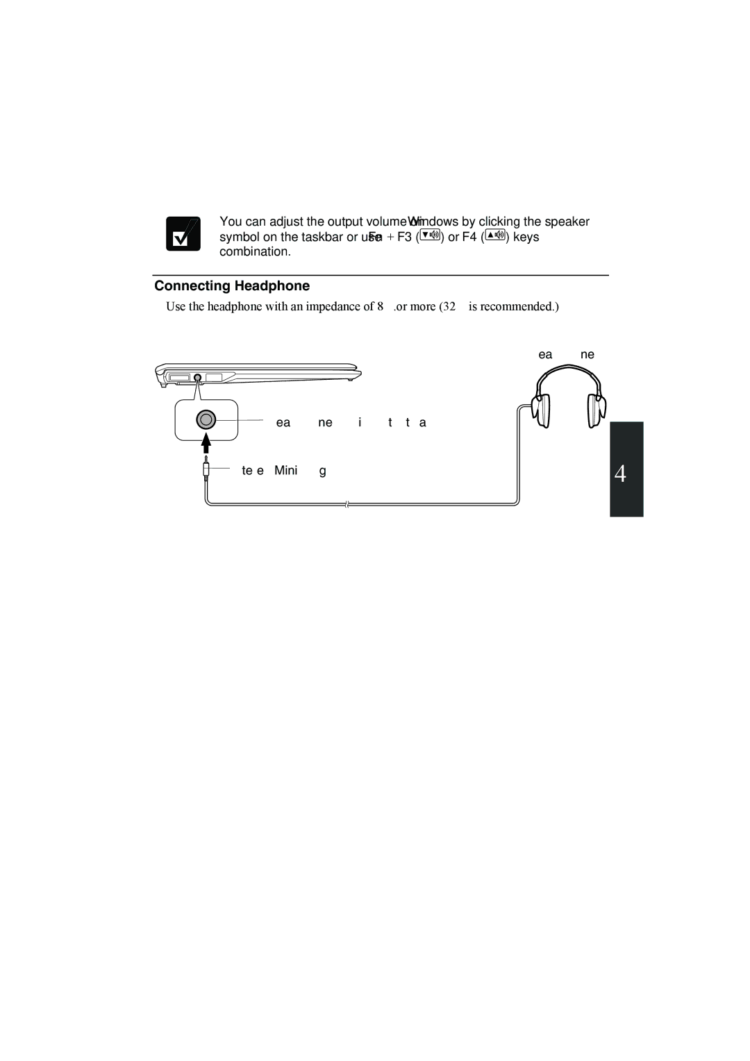 Sharp PC-MM1 manual Connecting Headphone, Headphone Headphone/Audio Output Jack Stereo Mini Plug 