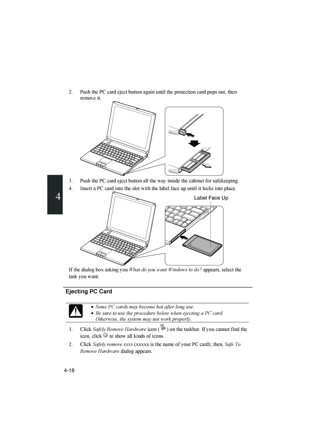 Sharp PC-MM1 manual Ejecting PC Card, Label Face Up 