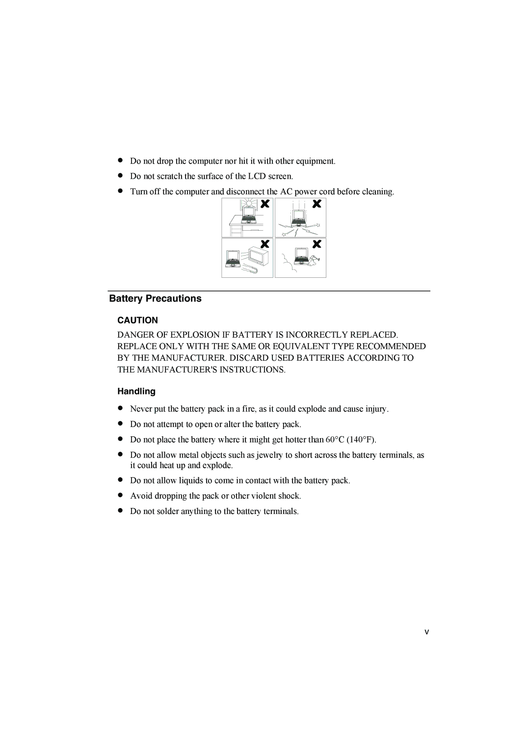 Sharp PC-MM1 manual Battery Precautions, Handling 