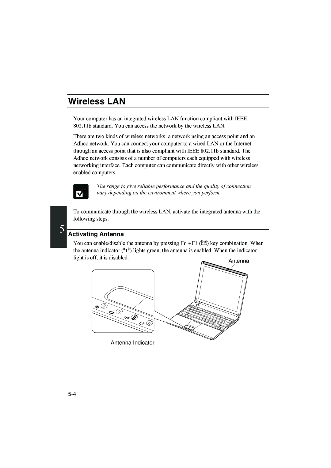 Sharp PC-MM1 manual Wireless LAN, Activating Antenna, Antenna Antenna Indicator 