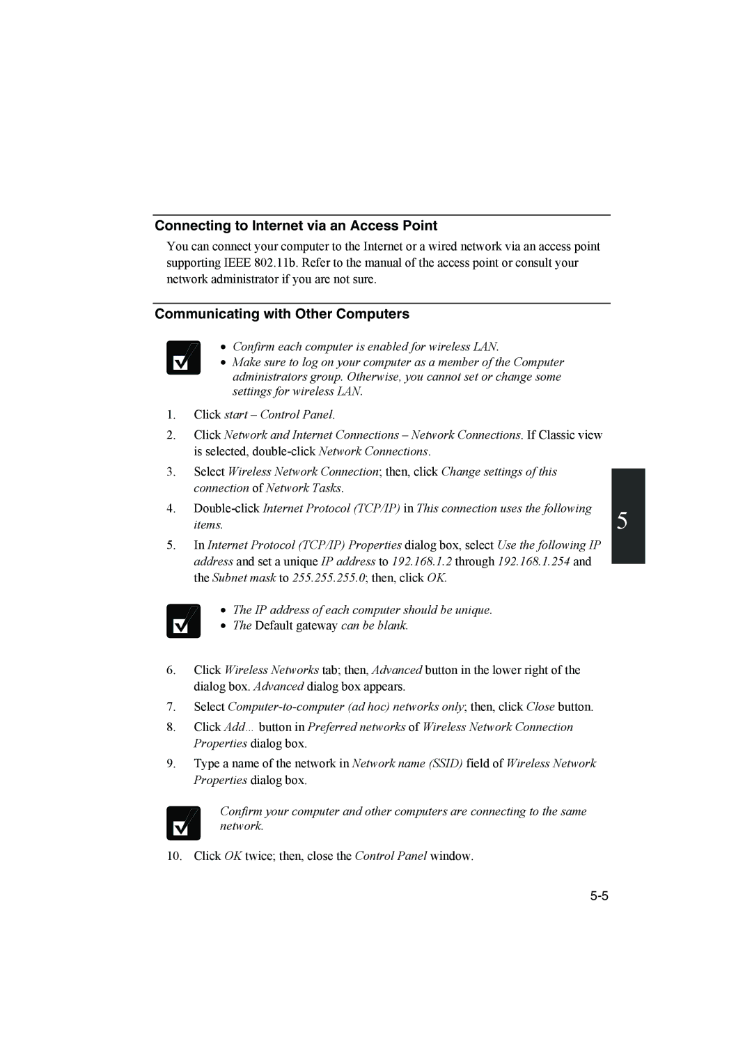 Sharp PC-MM1 manual Connecting to Internet via an Access Point, Communicating with Other Computers 