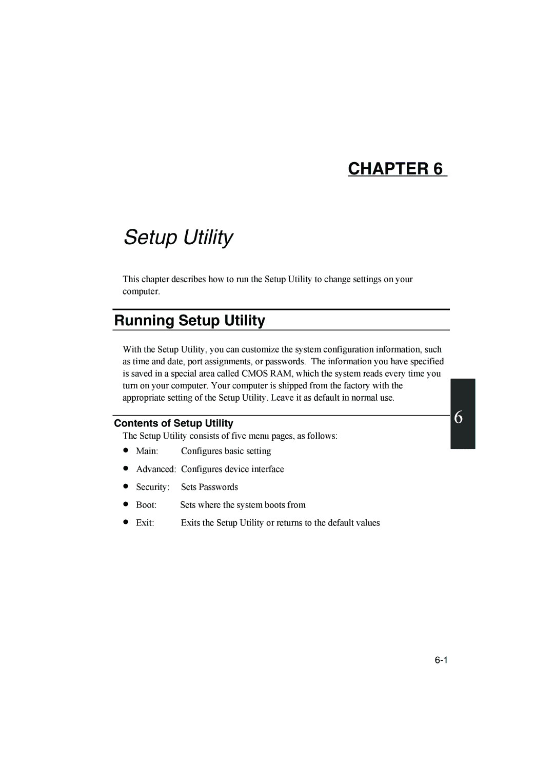 Sharp PC-MM1 manual Running Setup Utility, Contents of Setup Utility 