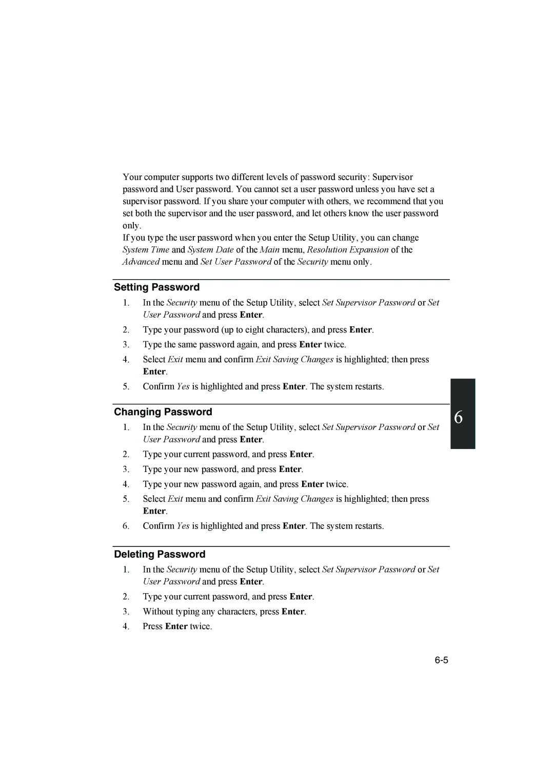 Sharp PC-MM1 manual Setting Password, Changing Password, Deleting Password 