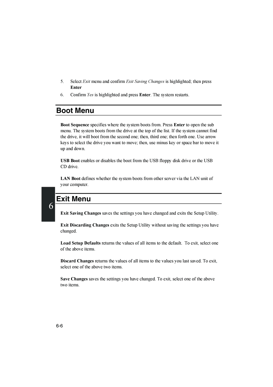 Sharp PC-MM1 manual Boot Menu, Exit Menu 