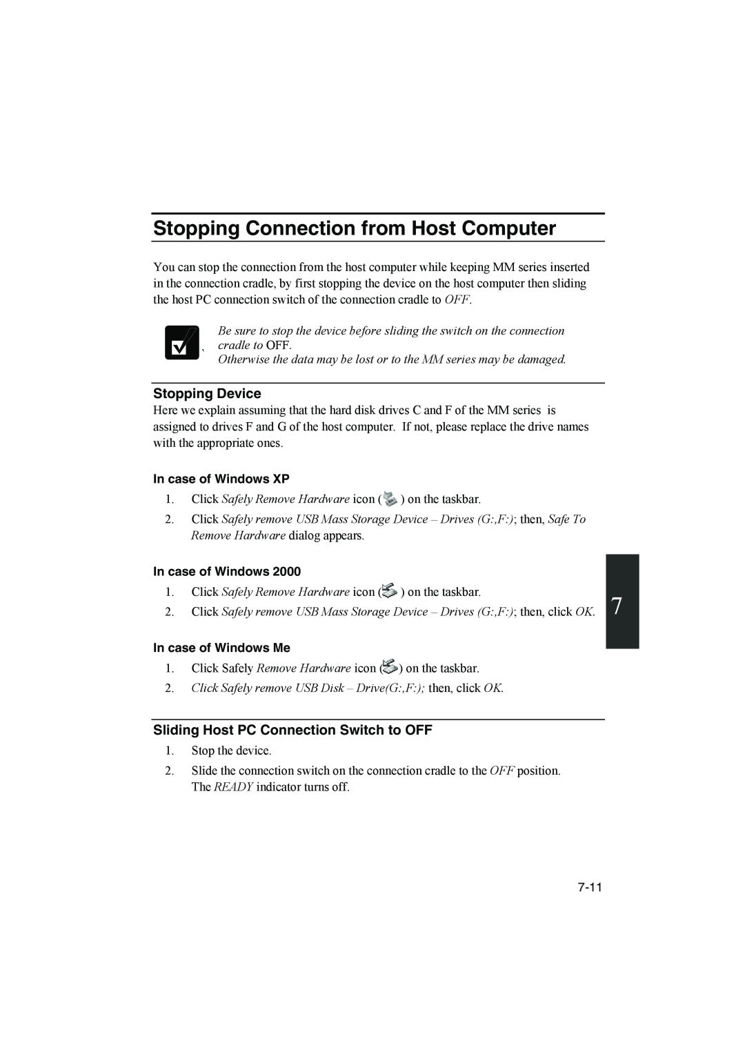 Sharp PC-MM1 manual Stopping Connection from Host Computer, Stopping Device, Sliding Host PC Connection Switch to OFF 