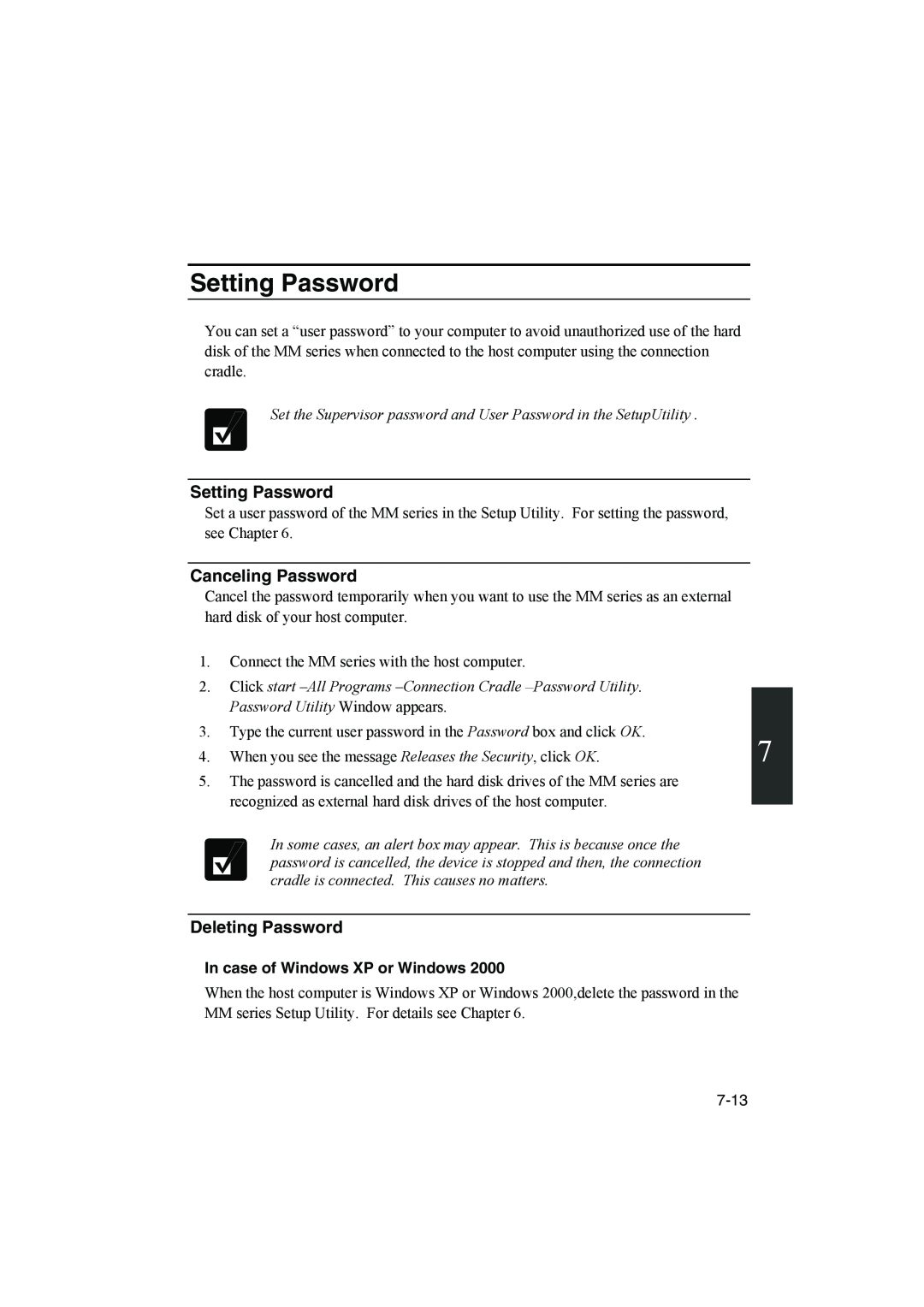 Sharp PC-MM1 manual Setting Password, Canceling Password, In case of Windows XP or Windows, Deleting Password 