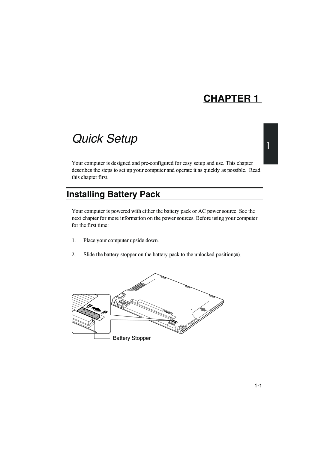 Sharp PC-MM1 manual Chapter, Installing Battery Pack, Quick Setup 