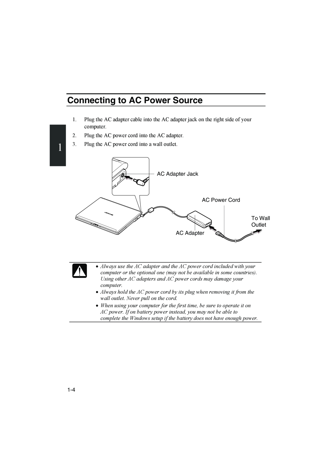 Sharp PC-MM1 manual Connecting to AC Power Source, computer, Plug the AC power cord into the AC adapter 