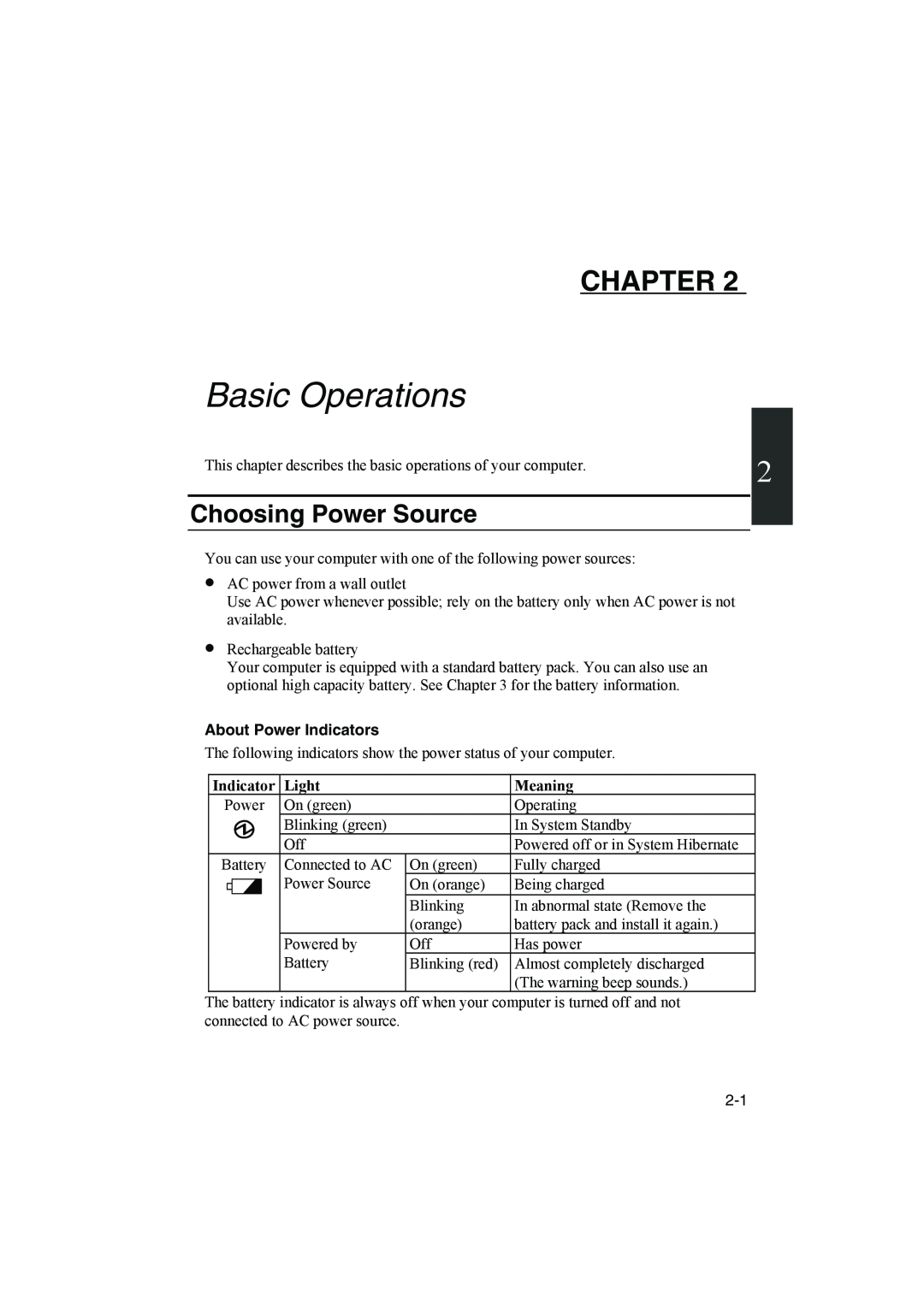 Sharp PC-MM1 manual Basic Operations, Choosing Power Source, About Power Indicators, Light, Meaning, Chapter 