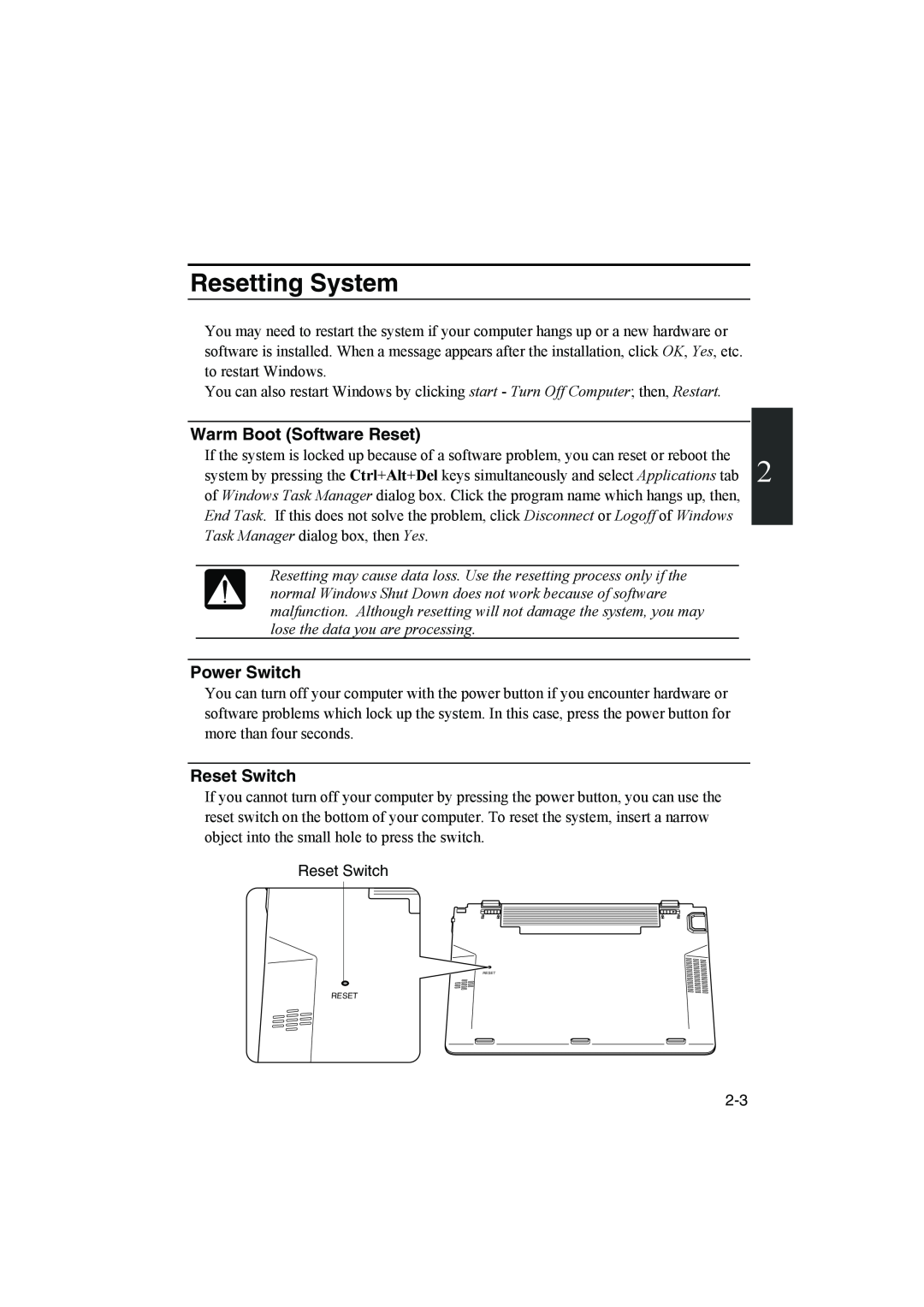 Sharp PC-MM1 manual Resetting System, Warm Boot Software Reset, Power Switch, Reset Switch 