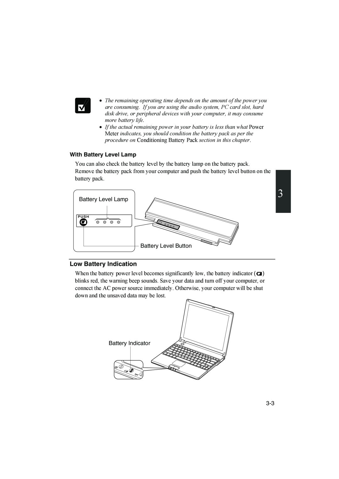Sharp PC-MM1 manual Low Battery Indication, With Battery Level Lamp 