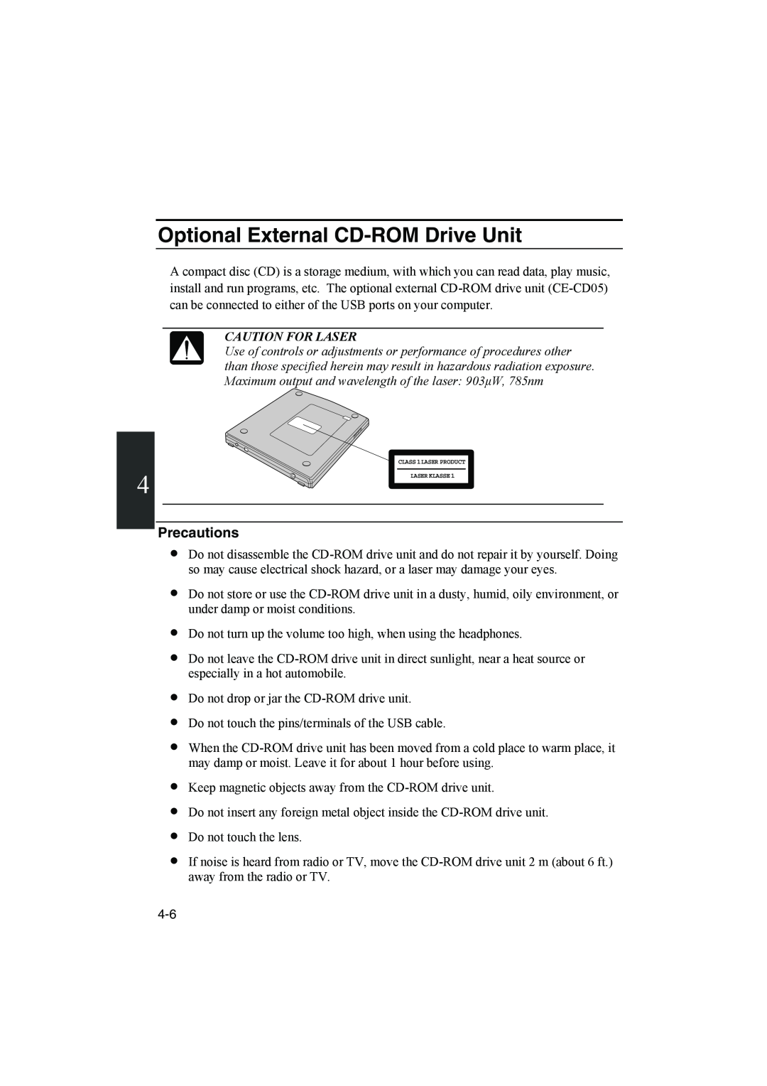 Sharp PC-MM1 manual Optional External CD-ROM Drive Unit, Precautions, Caution For Laser 
