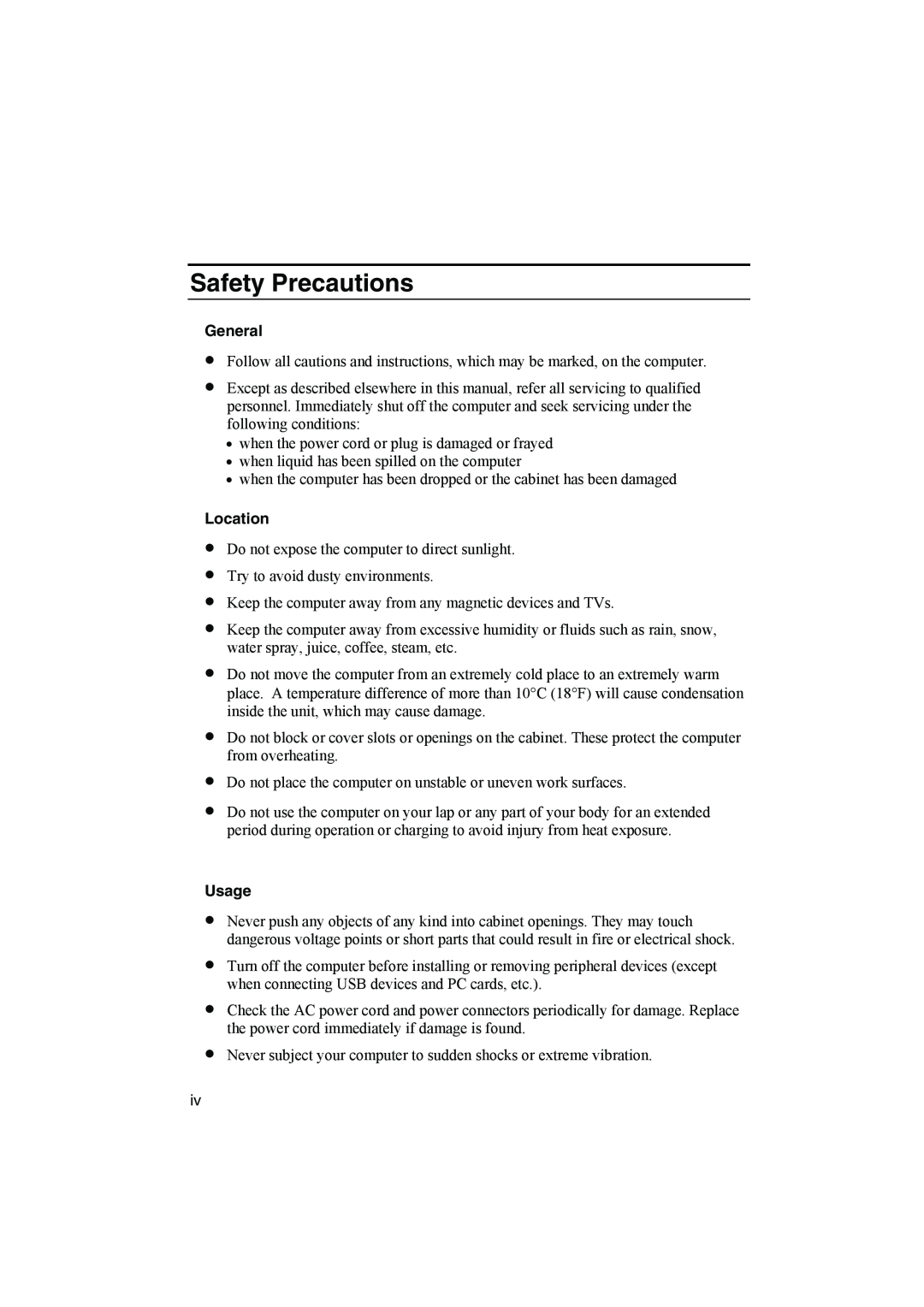 Sharp PC-MM1 manual Safety Precautions, General, Location, Usage 